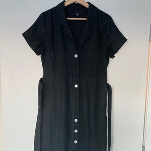 Quince Women's Black Linen Button Front Dress sz S Midi A-Line Belt Short Sleeve